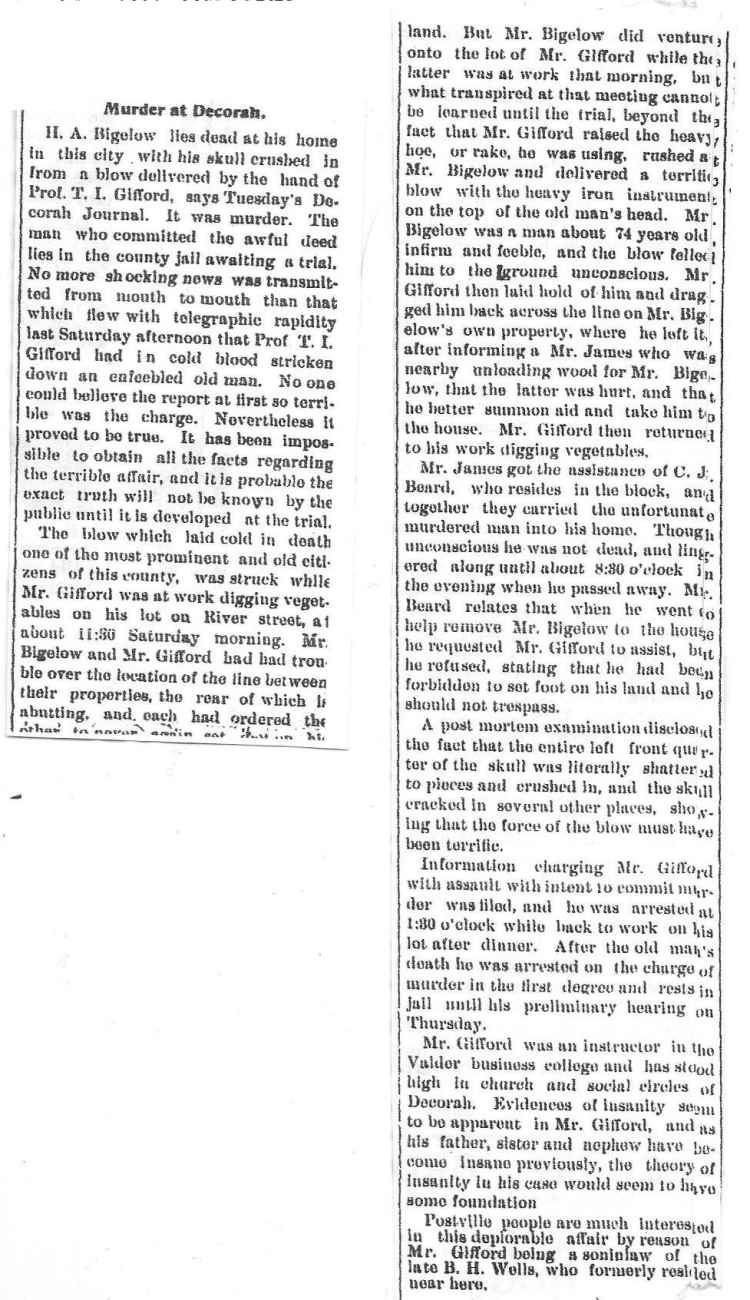 Bigelow Murder Postville Review Thursday Nov. 11, 1904